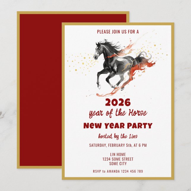 Chinese New Year 2026 Horse Ink New Year Party Invitation (Front/Back)