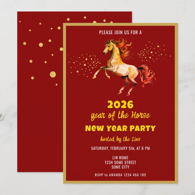 Chinese New Year 2026 Horse Ink New Year Party Invitation (Front/Back)