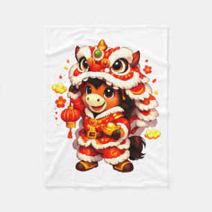 Chinese New Year 2026 Year of The Horse Cute Lion Fleece Blanket