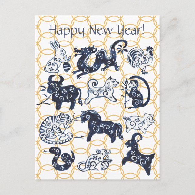 Chinese New Year Animals Zodiac Minimal Blue Gold Holiday Postcard (Front)