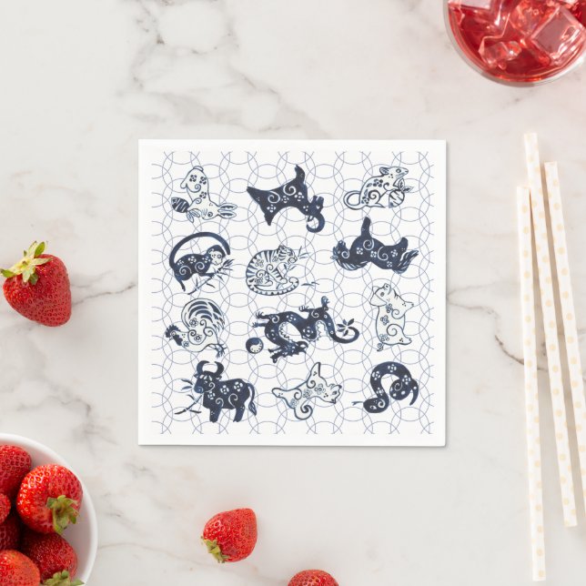 Chinese New Year Blue Animal Zodiac Symbols Napkin (Insitu)