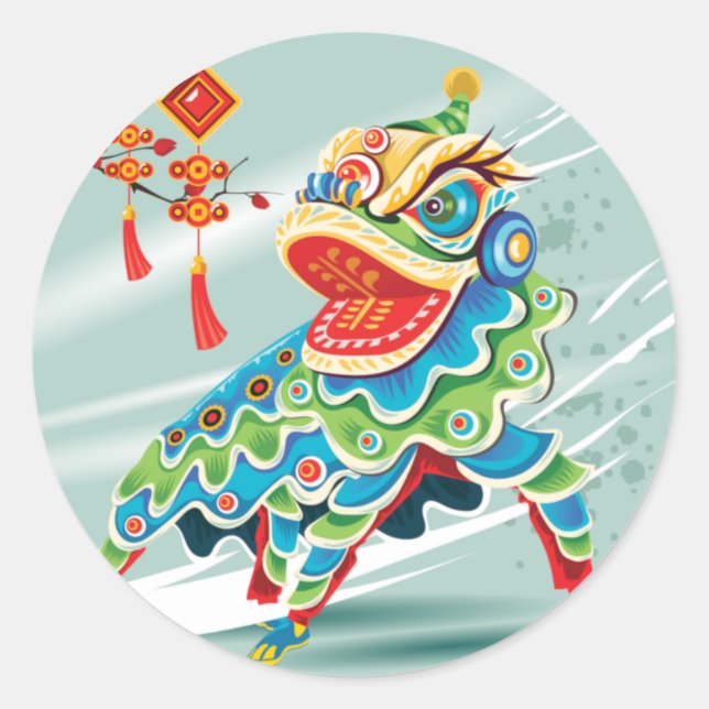 Chinese New Year Blue Lion Dancer Classic Round Sticker (Front)
