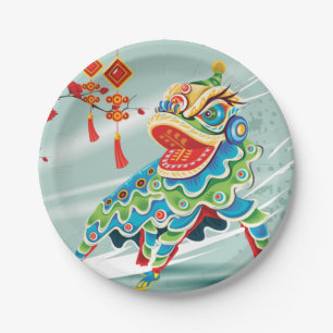 Chinese New Year Blue Lion Dancer Paper Plate