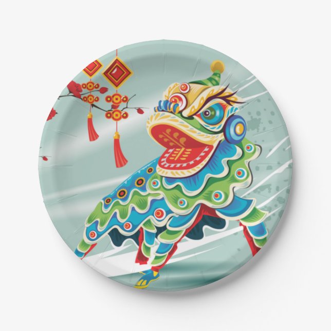 Chinese New Year Blue Lion Dancer Paper Plate (Front)