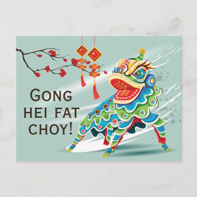 Chinese New Year Blue Lion Dancer Postcard (Front)