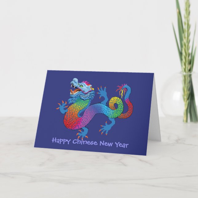 Chinese New Year card with colourful dragon on blu (Front)