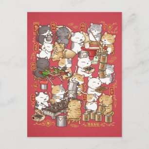 Chinese New Year Cat Making Kuih Kapit Holiday Postcard