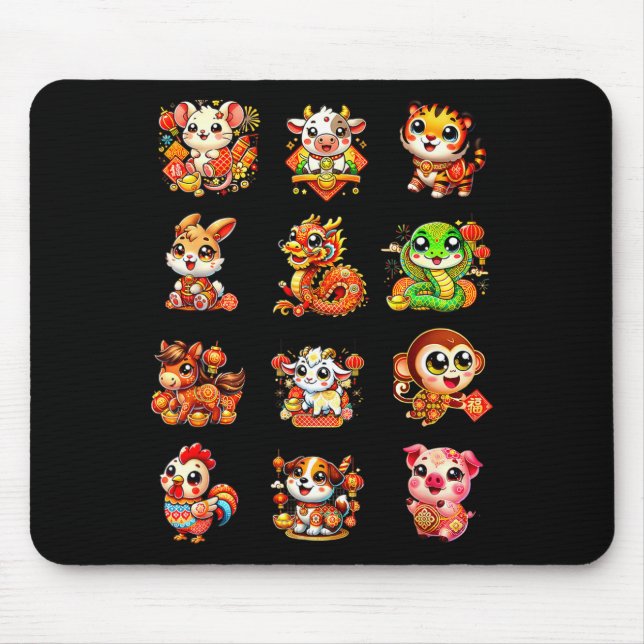 Chinese New Year Cute 12 Zodiac Animal Signs Lunar Mouse Mat (Front)