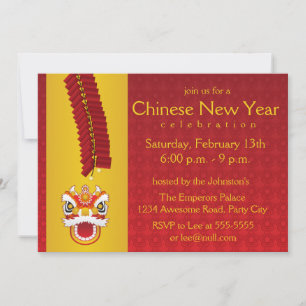 Chinese New Year Dragon and Firecrackers Invitation