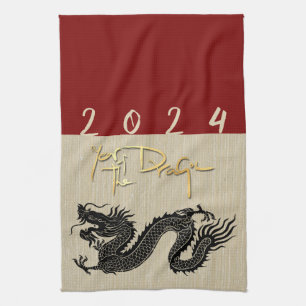Chinese New Year Dragon Black paper-cut Zodiac KT Tea Towel