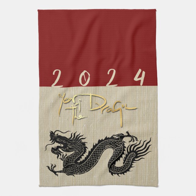 Chinese New Year Dragon Black paper-cut Zodiac KT Tea Towel (Vertical)