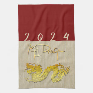 Chinese New Year Dragon gold paper-cut Zodiac KT Tea Towel