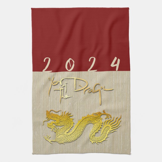 Chinese New Year Dragon gold paper-cut Zodiac KT Tea Towel (Vertical)