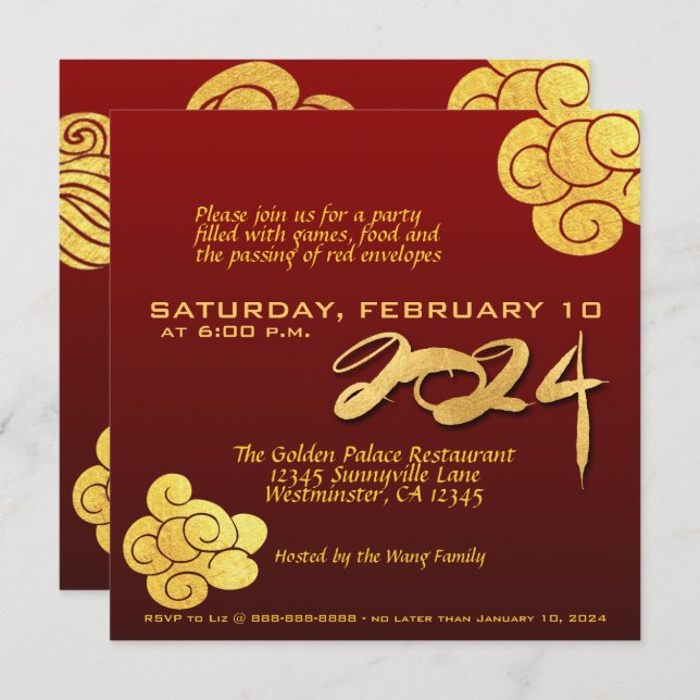 Chinese New Year Dragon paper-cut 2024 Gold Clouds Invitation (Front/Back)