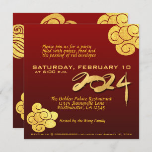 Chinese New Year Dragon paper-cut 2024 Gold Clouds Invitation