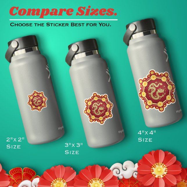 Chinese New Year Eight Lucky Golden Flowers Dragon (Chinese New Year Sticker–Eight Lucky Golden Flowers and Dragon–Available in six different sizes.)