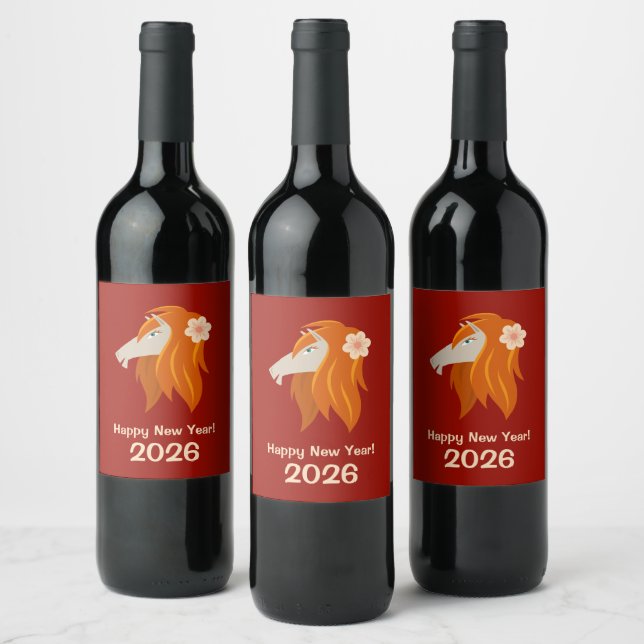 Chinese New Year Fire Horse 2026 Zodiac Wine Label (Bottles)