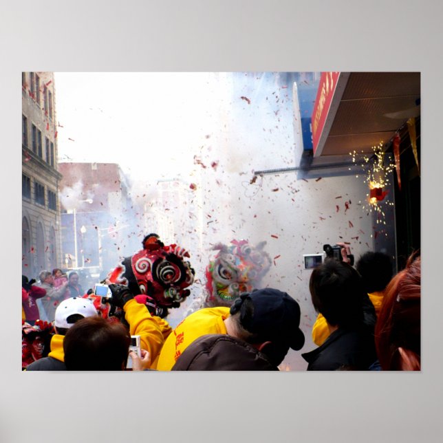 Chinese New Year Firecrackers & Lions Poster (Front)