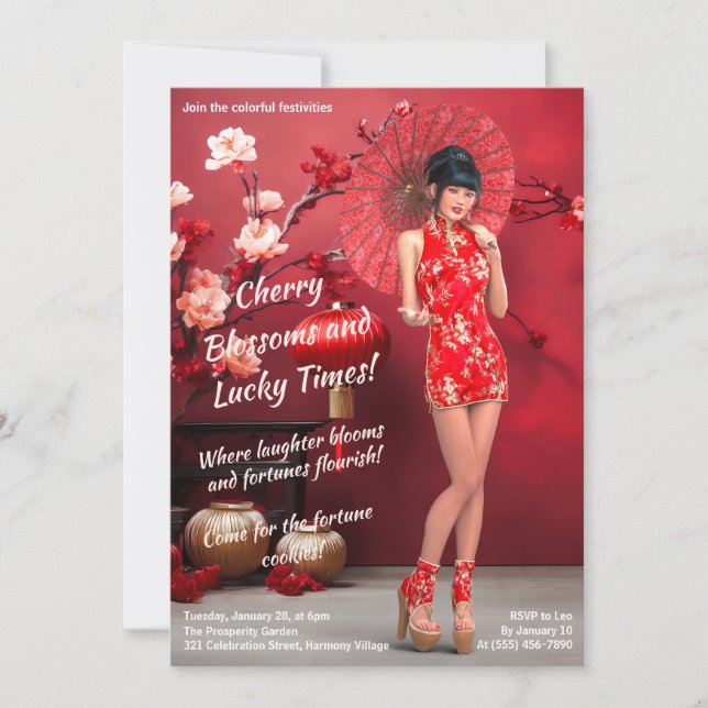 Chinese New Year Girl with a Red Umbrella Invitation (Front)