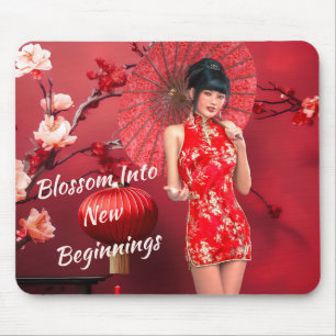 Chinese New Year Girl with a Red Umbrella Mouse Mat