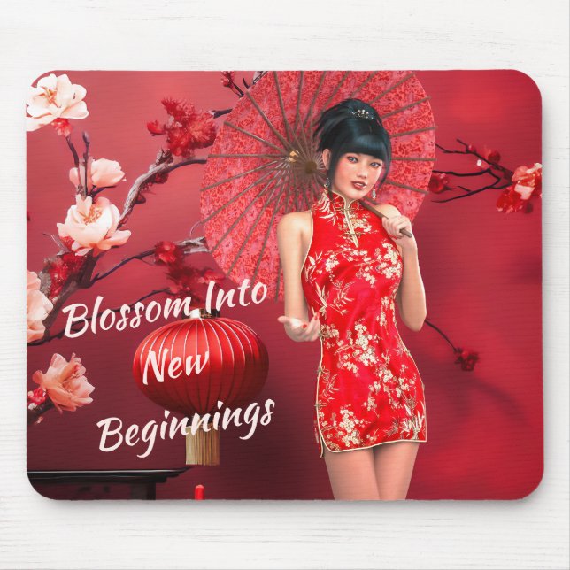 Chinese New Year Girl with a Red Umbrella Mouse Mat (Front)