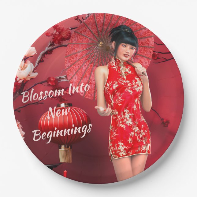 Chinese New Year Girl with a Red Umbrella Paper Plate (Front)