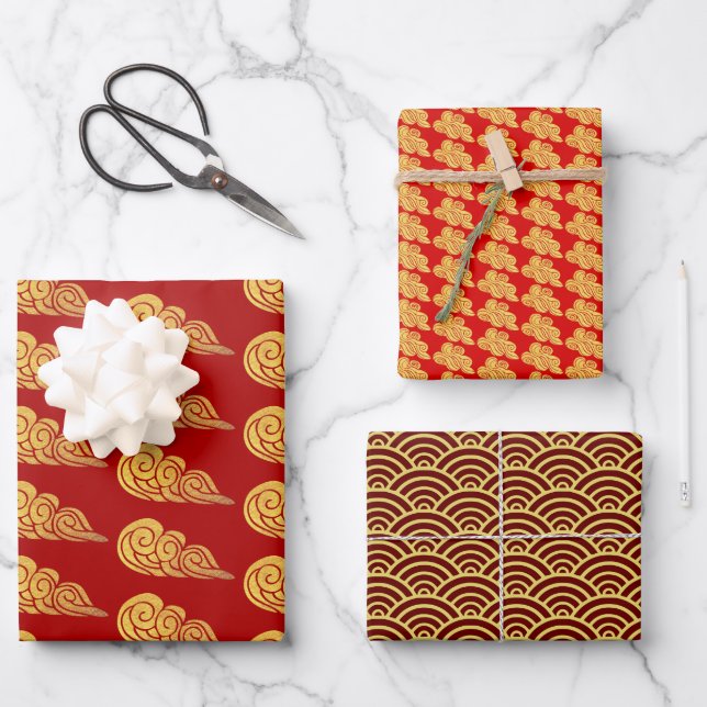 Chinese New Year Golden Auspicious Clouds Pattern  Wrapping Paper Sheet (Front)