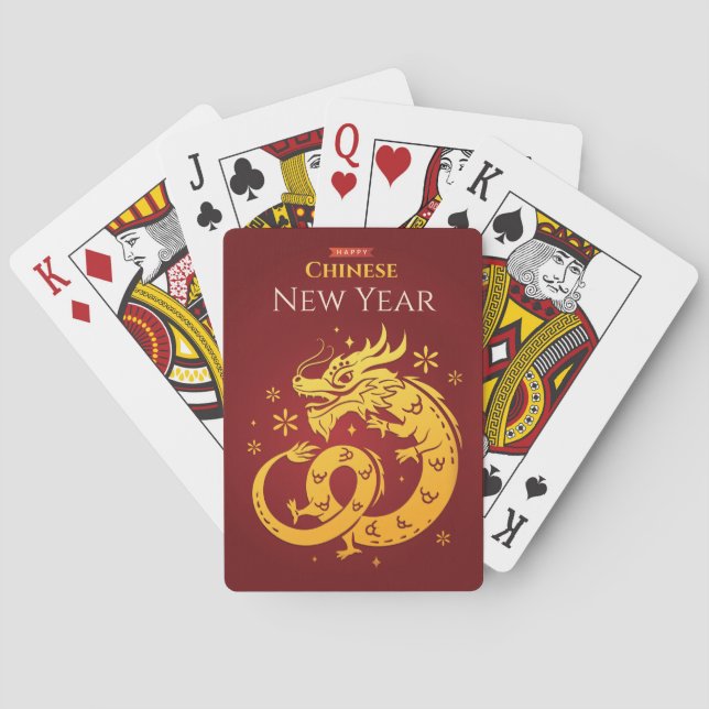  Chinese New Year Golden Coloured Dragon on Red Playing Cards (Back)
