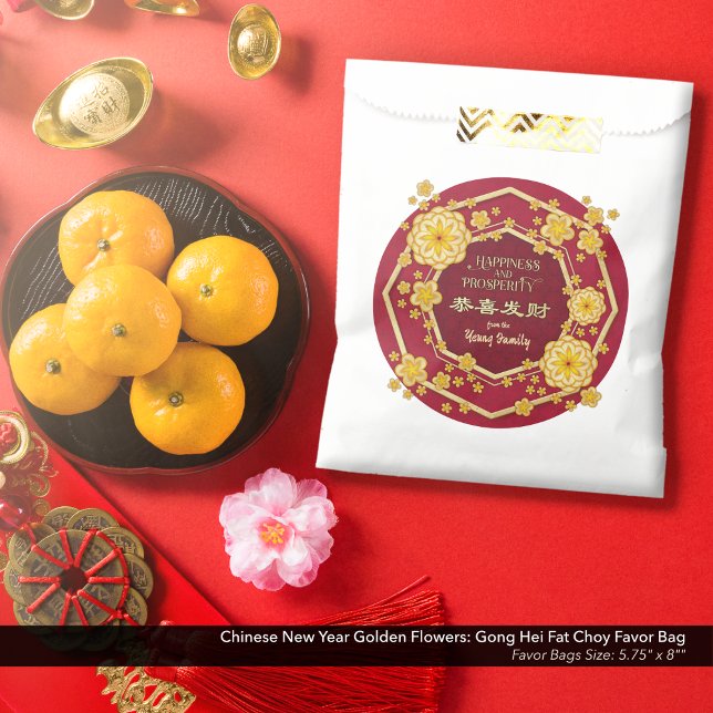 Chinese New Year Golden Flowers: Gong Hei Fat Choy Favour Bags (Chinese New Year Golden Flowers Favor Bag: Gong Hei Fat Choy, with Red Background.)