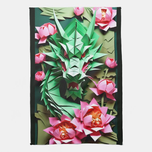Chinese New Year Green Dragon 2024 Origami KT Tea Towel (Vertical)