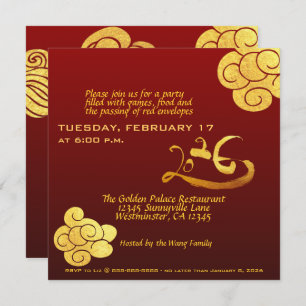 Chinese New Year Horse 2026 Gold Clouds Texts Inv Invitation