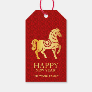 Chinese New Year Horse 2026 Red Gold Gift Tags