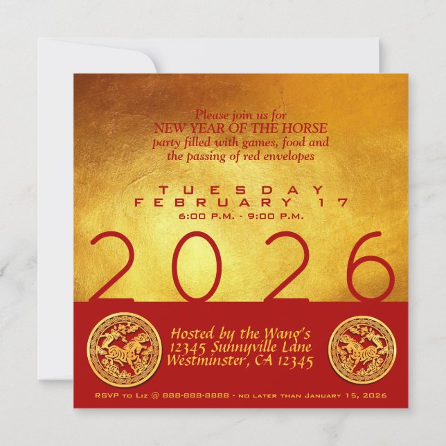 Chinese New Year Horse 2026 Red Gold Party SqC Invitation (Back)
