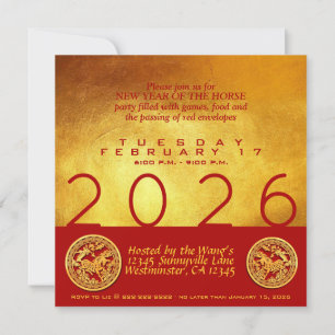 Chinese New Year Horse 2026 Red Gold Party SqC Invitation