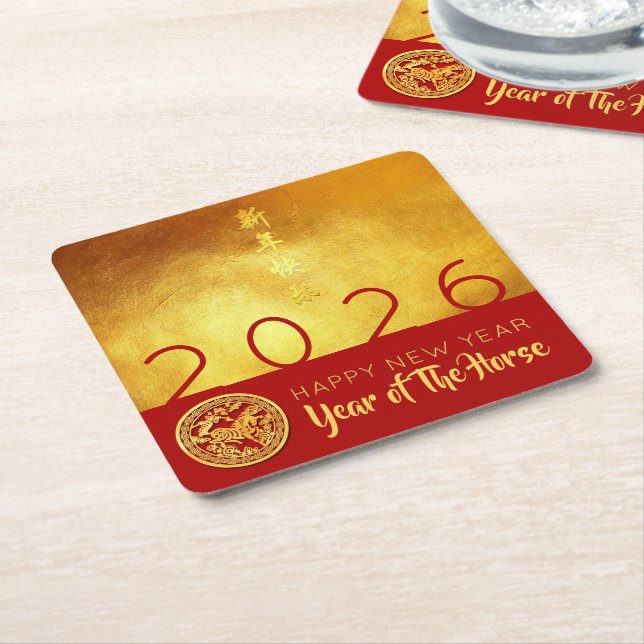 Chinese New Year Horse 2026 Red Gold PCoa Square Paper Coaster (Angled)
