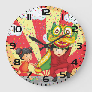 Chinese New Year Kids Lion Dance and Lantern Large Clock