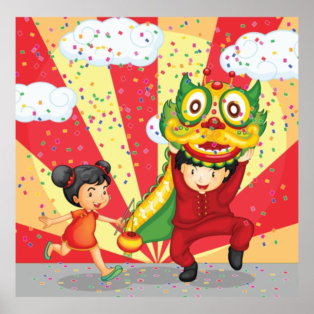 Chinese New Year Kids Lion Dance and Lantern Poster (Front)