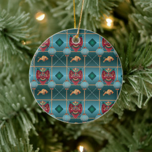 Chinese New Year of Ox - Green Check Pattern Ceramic Tree Decoration