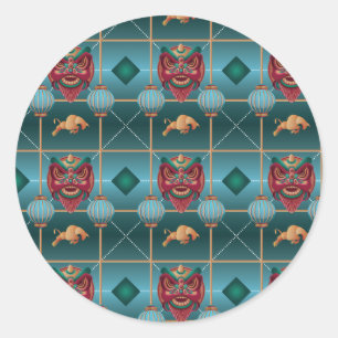 Chinese New Year of Ox - Green Check Pattern Classic Round Sticker