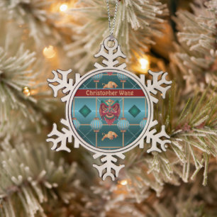 Chinese New Year of Ox - Green Check Pattern Snowf Snowflake Pewter Christmas Ornament