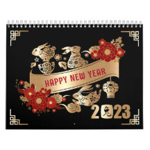 Chinese New Year of Rabbit 2023 Black Gold Floral