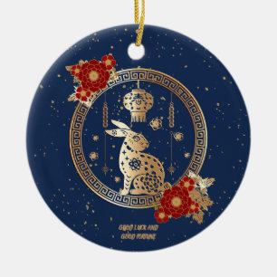 Chinese New Year of Rabbit 2023 Blue Gold Floral Ceramic Tree Decoration