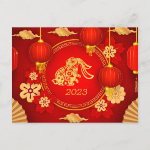 Chinese New Year of Rabbit Ornaments Floral Red Holiday Postcard