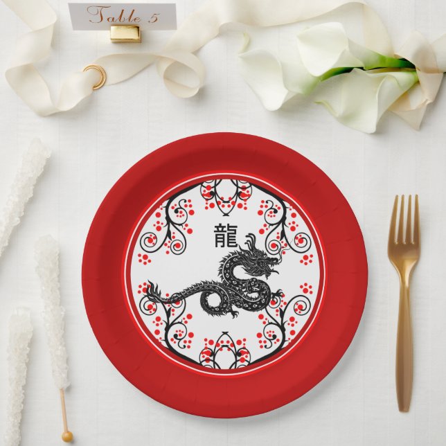 Chinese New Year of the Dragon and Red Blossoms Paper Plate (Wedding)
