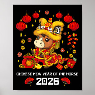 Chinese New Year Of The Horse 2026 Cute Lion Dance Poster