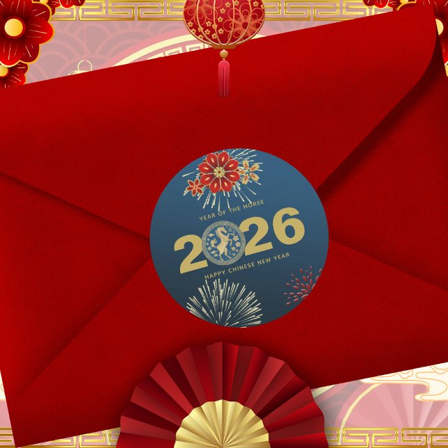 Chinese New Year of the Horse Blue Gold Classic Round Sticker (Creator Uploaded)