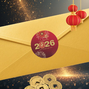 Chinese New Year of the Horse Gold Red Classic Round Sticker