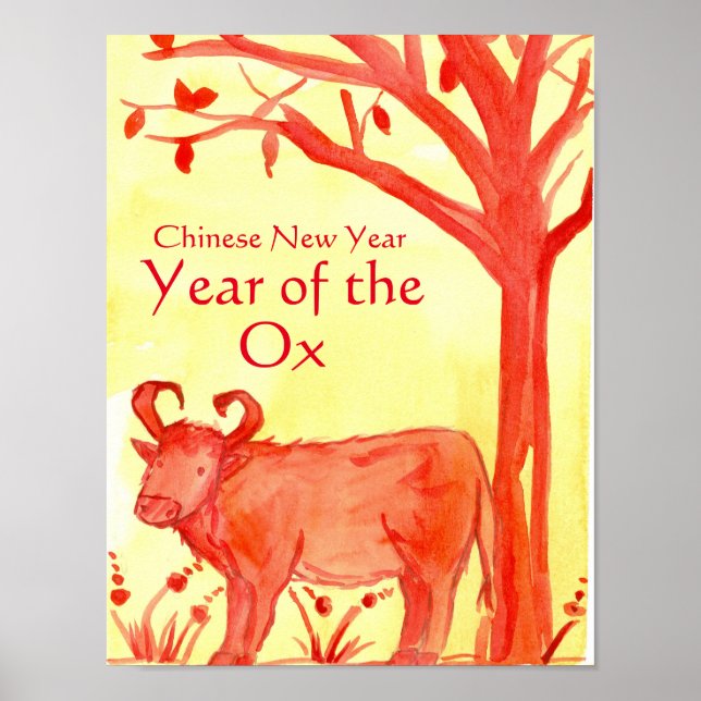 Chinese New Year of the Ox Watercolor Illustration Poster (Front)