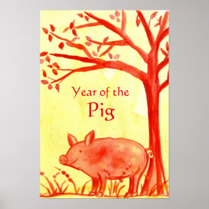 Chinese New Year of the Pig Farm Animal Red Poster