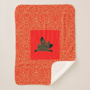 Chinese New Year of the Pig Flying Silhouette Red Sherpa Blanket